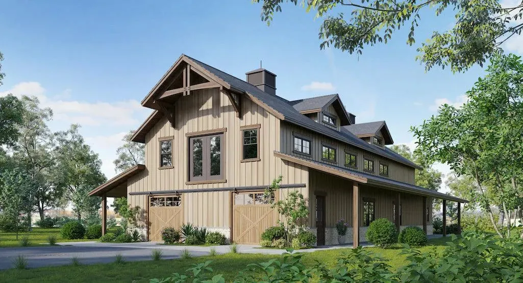 Charming 2-Bedroom Home Plan with Expansive Garage and Porches