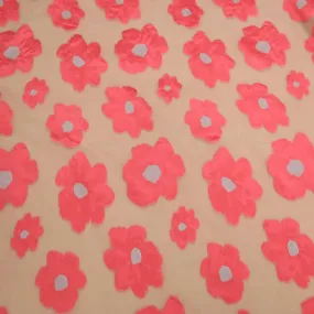 Coral Pink Floral Textured And Beige Embroidered Organza Fabric