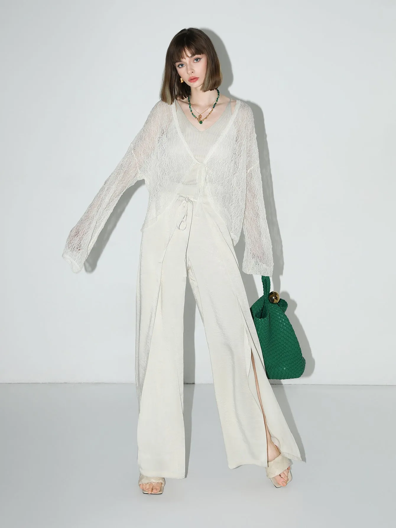 Delicate White Lace Sheer Cardigan with Bat Sleeves