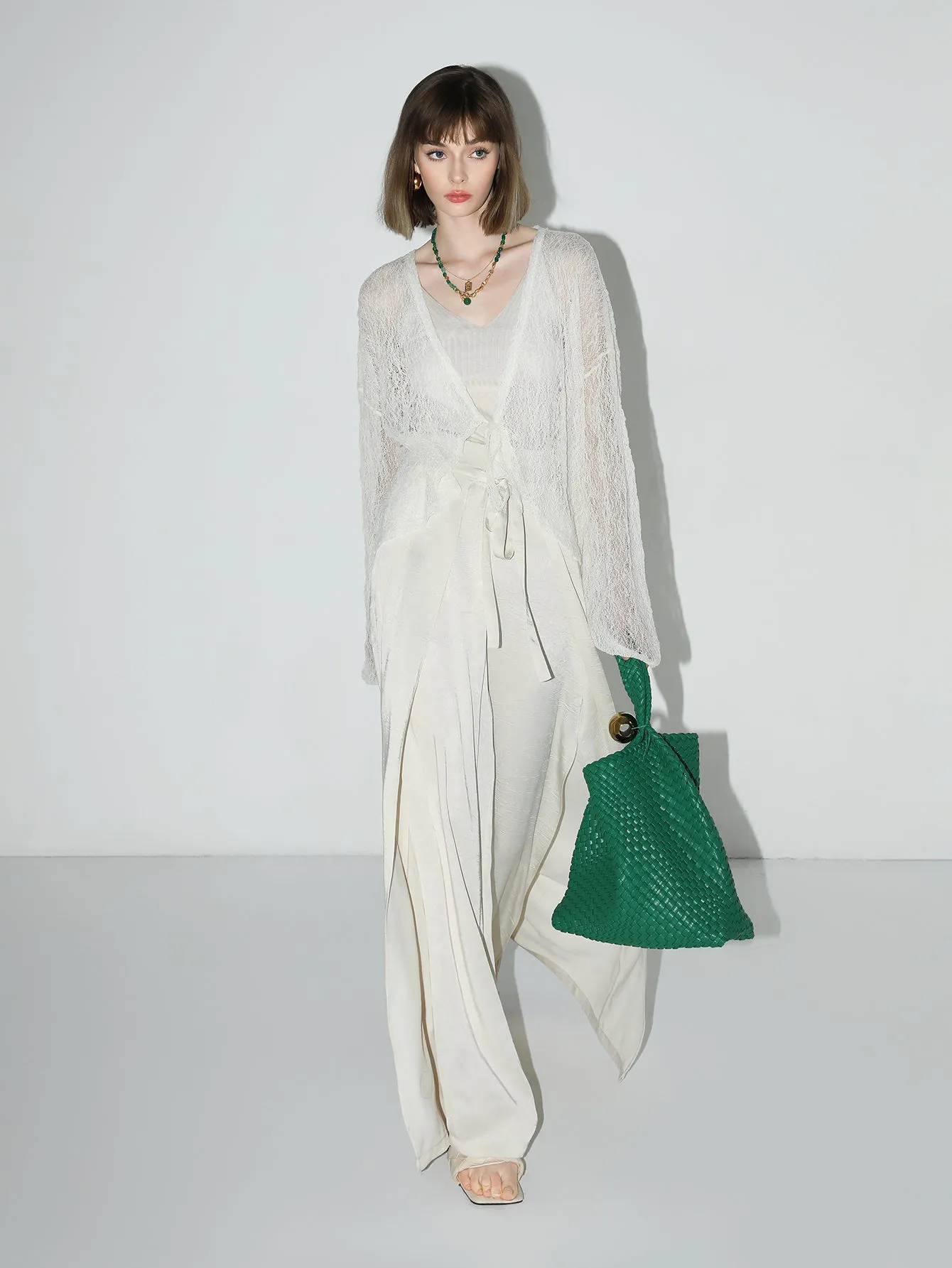 Delicate White Lace Sheer Cardigan with Bat Sleeves