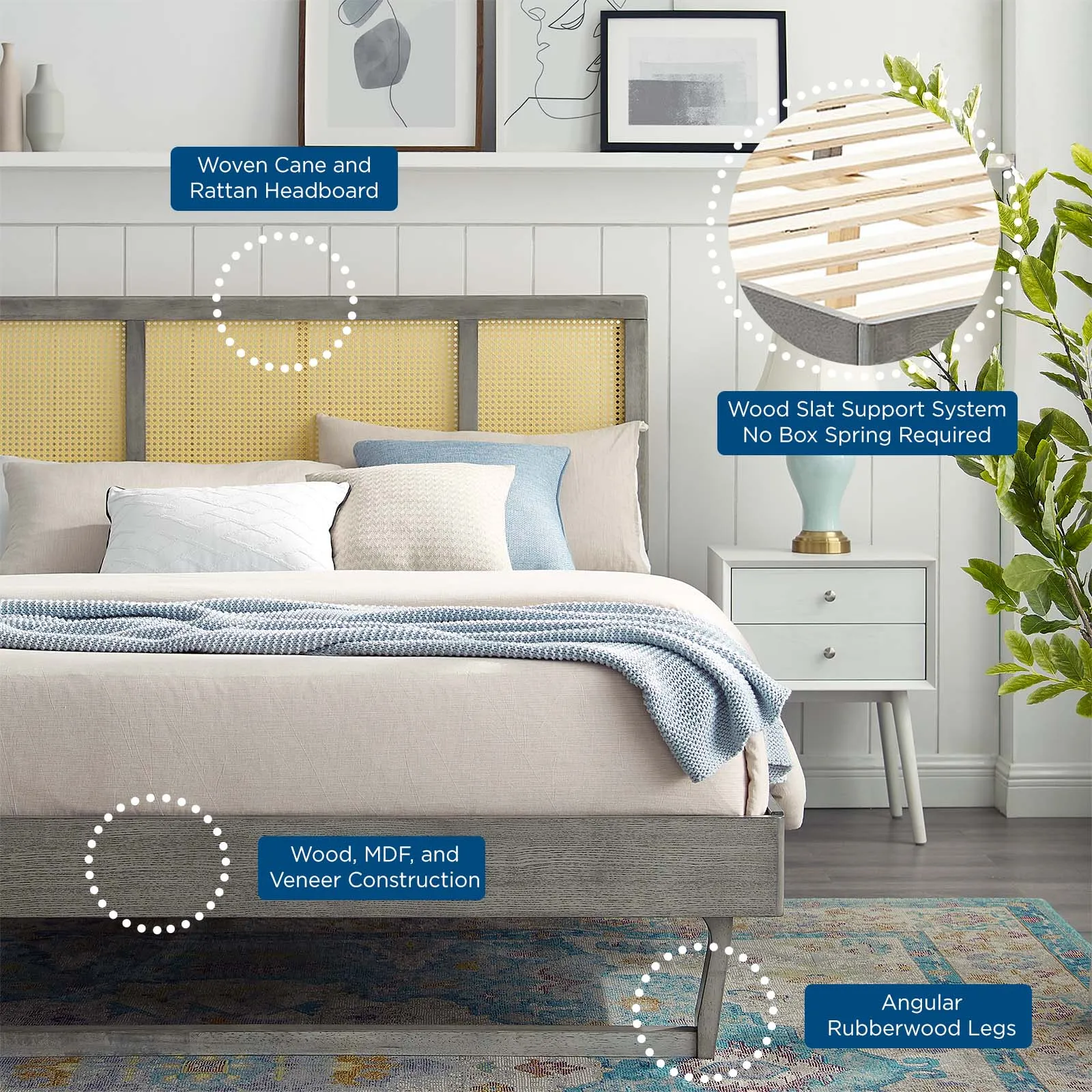 Kelsea Cane and Wood Platform Bed With Angular Legs