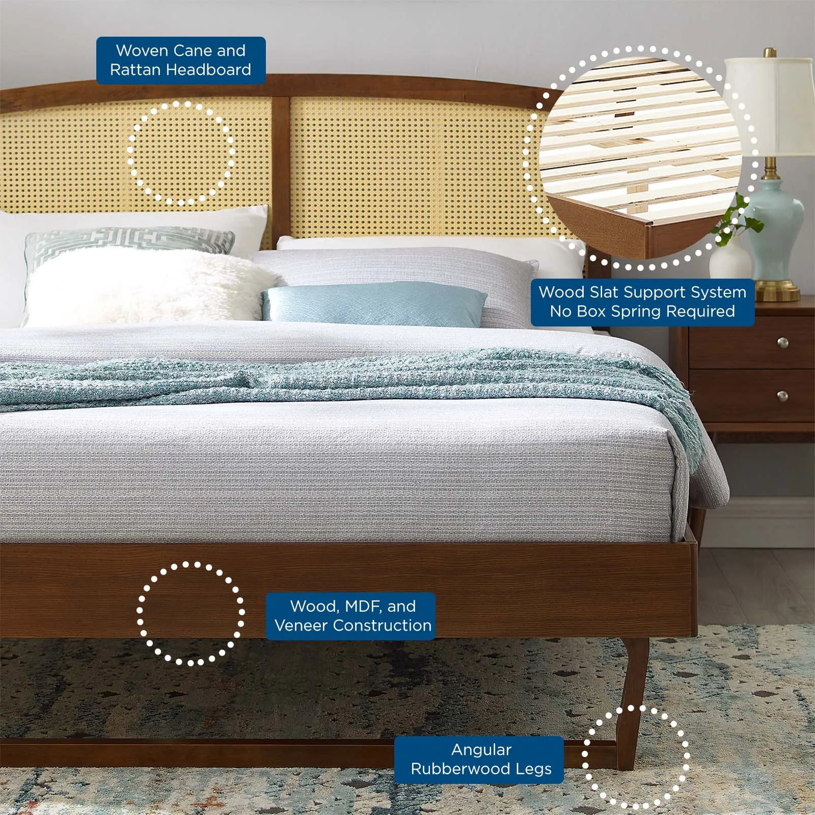 Sierra Cane and Wood Platform Bed With Angular Legs